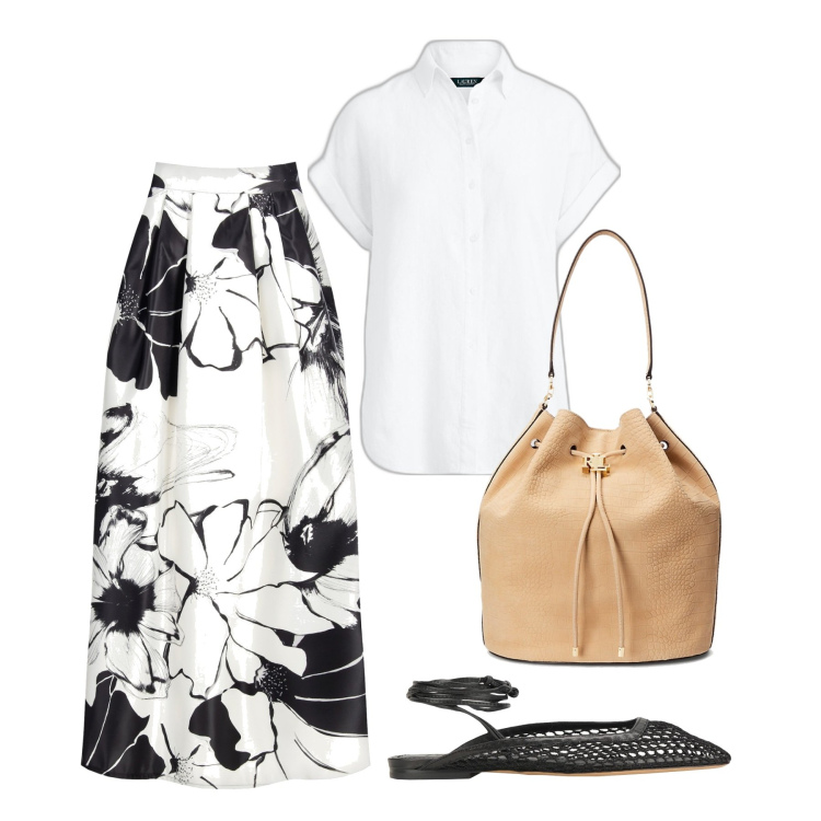 Outfit donna - Davvero bon ton. Stile Bon Ton per Serata fuori. Abbinamento con ballerine, gonne lunghe, camicie a manica corta, borse a secchiello.