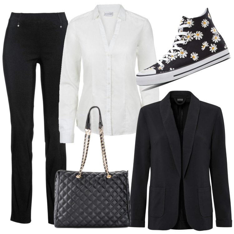 Outfit donna - Le sneakers a fiori. Stile Basic per Ufficio. Abbinamento con sneakers alte, camicie, pantaloni, shopping bag, blazer.