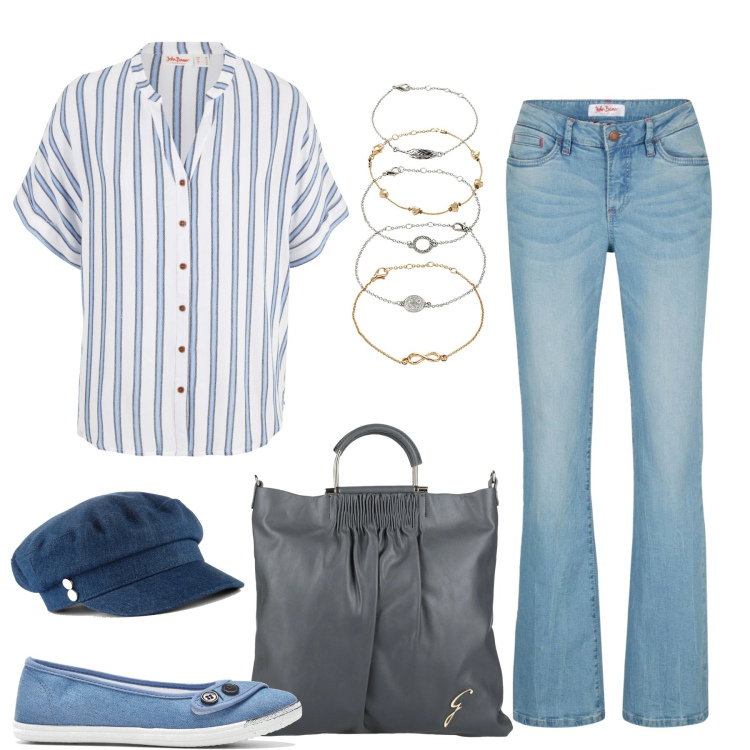 Outfit donna - Le righe snellenti. Stile Basic per Tutti i giorni. Abbinamento con camicie, jeans bootcut, braccialetti con ciondoli, ballerine, cappelli, borse a mano.