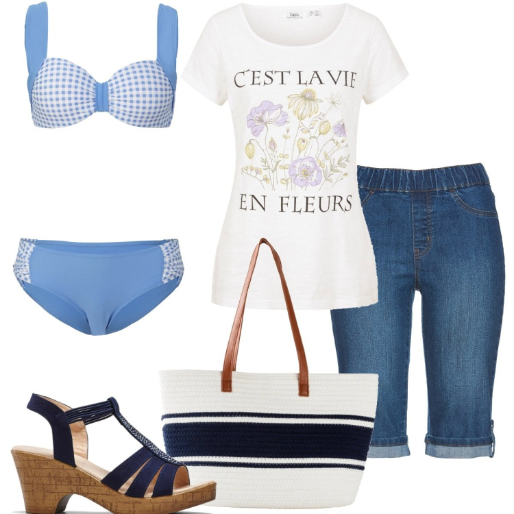 Outfit donna - Beach look BonPrix. Stile Casual per Mare. Abbinamento con bermuda, t-shirt, sandali, bikini, shopping bag.