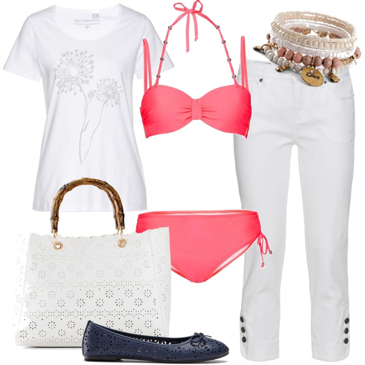 Outfit donna - Beach look BonPrix. Stile Casual chic per Mare. Abbinamento con t-shirt, ballerine, braccialetti, jeans slim fit, bikini, borse a mano.