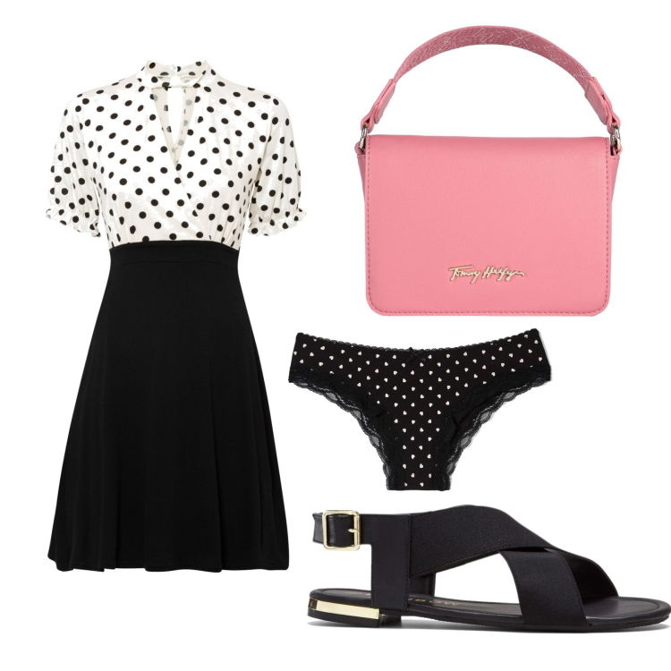 Outfit donna - Camicetta a pois. Stile Casual chic per Tutti i giorni. Abbinamento con sandali, vestiti, borse a mano, culotte.