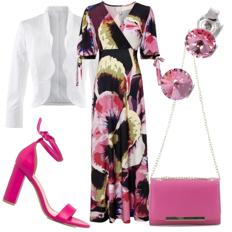 Outfit donna - Pansé e rosa fucsia. Stile Casual chic per Cerimonia. Abbinamento con blazer, vestiti lunghi, orecchini, clutch, sandali in pelle.