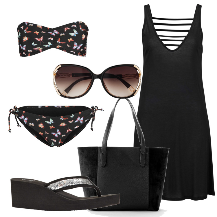 Outfit donna - Butterfly on the beach. Stile Basic per Mare. Abbinamento con vestiti da spiaggia, bikini, occhiali da sole, shopping bag, infradito.