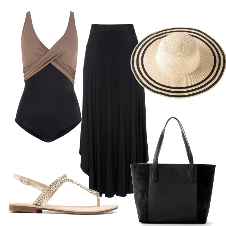 Outfit donna - Bonprix look. Stile Basic per Mare. Abbinamento con gonne, ciabatte, shopping bag, costumi interi, cappelli.