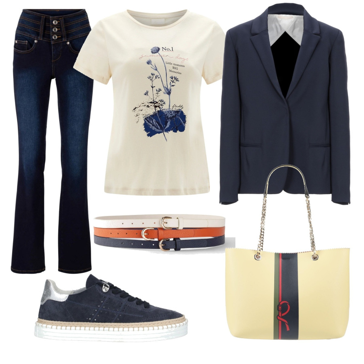 Outfit donna - Total look #1629984. Stile Trendy per Tutti i giorni. Abbinamento con jeans bootcut, cinture, sneakers, blazer, borse a spalla, t-shirt.