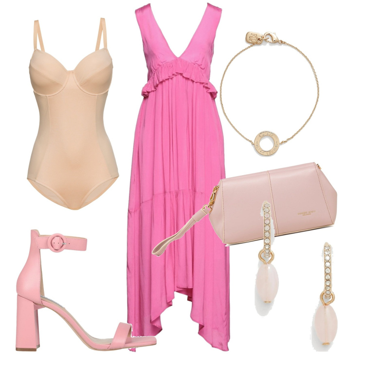 Outfit donna - Tramonto in riva al mare. Stile Glamour per Serata fuori. Abbinamento con body, vestiti lunghi, sandali col tacco, braccialetti, orecchini, clutch.