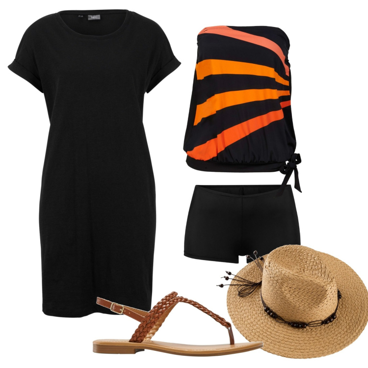 Outfit donna - Total look #1629988. Stile Etnico per Mare. Abbinamento con vestiti, costumi interi, ciabatte, cappelli.