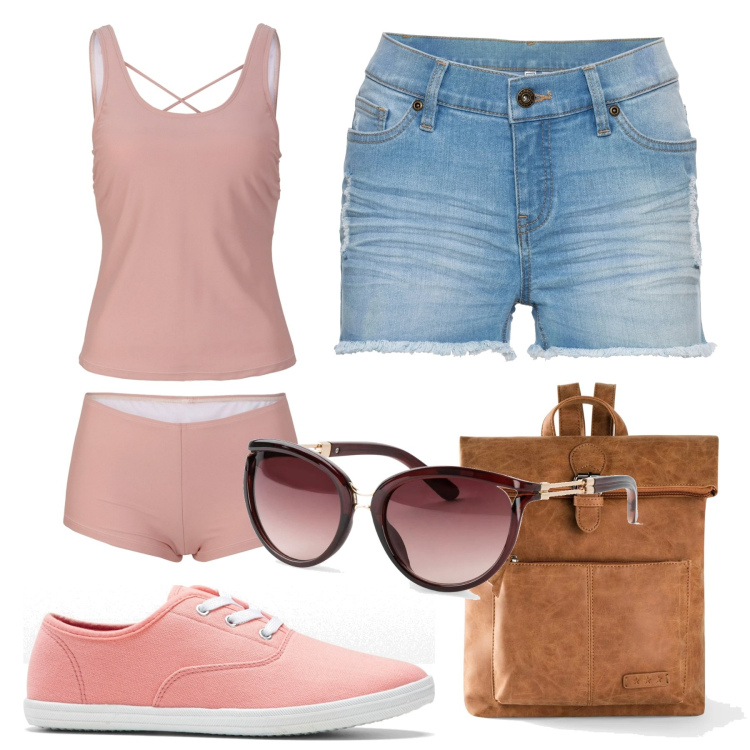 Outfit donna - Total look #1629991. Stile Casual per Mare. Abbinamento con zaini, occhiali da sole, costumi interi, shorts, sneakers.