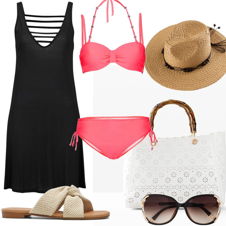 Outfit donna - Bonprix beach outfit. Stile Casual per Mare. Abbinamento con vestiti da spiaggia, occhiali da sole, ciabatte, bikini, borse a mano, cappelli.