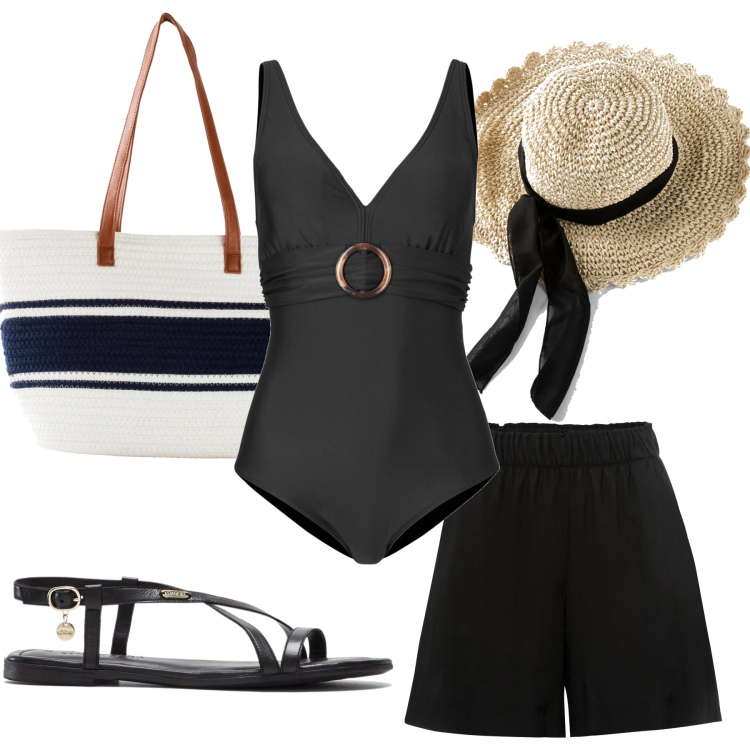 Outfit donna - In spiaggia con Bonprix. Stile Casual chic per Mare. Abbinamento con costumi interi, cappelli, shorts, sandali in pelle, shopping bag.