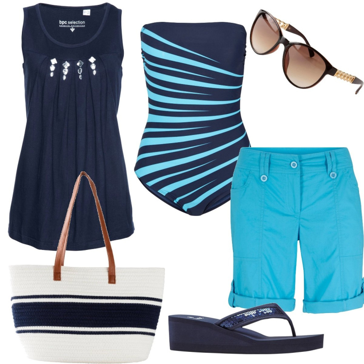 Outfit donna - Total look #1630058. Stile Casual chic per Mare. Abbinamento con costumi interi, top, bermuda, infradito, shopping bag, occhiali da sole.