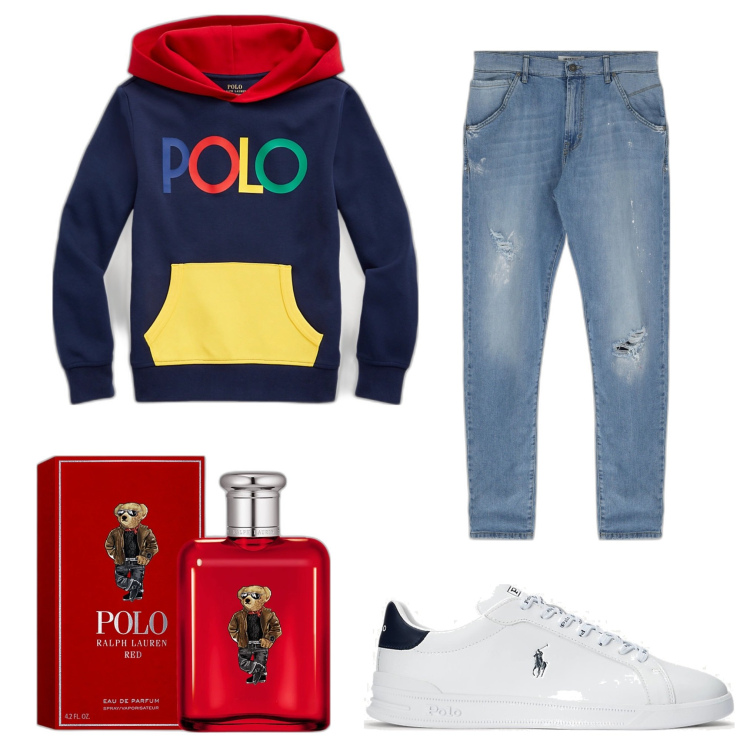Outfit uomo - Total look #1630085. Stile Urban per Tutti i giorni. Abbinamento con jeans dritti, sneakers, felpe con cappuccio, polo.