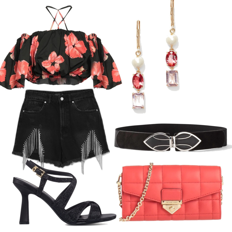 Outfit donna - Una cena in riva al mare. Stile Casual chic per Serata fuori. Abbinamento con cinture, top, borse a tracolla, shorts, orecchini, sandali gioiello.