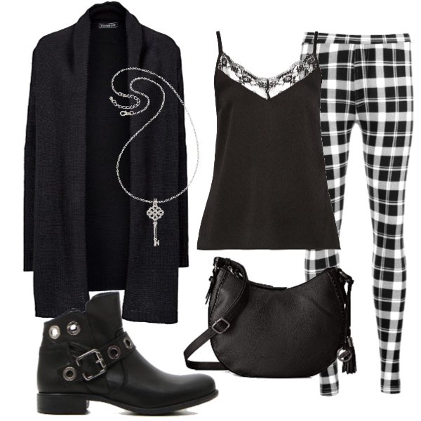 Outfit donna - Basic #15300. Stile Basic per Tutti i giorni. Abbinamento con cardigans, collana, stivaletti, leggings a quadri, canottiera con pizzo e spalline nero, borsa a tracolla nero.