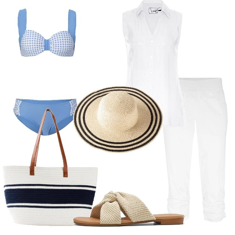 Outfit donna - Beach look in stile Bon Ton. Stile Bon Ton per Mare. Abbinamento con pantaloni, camicie, bikini, ciabatte, shopping bag, cappelli.