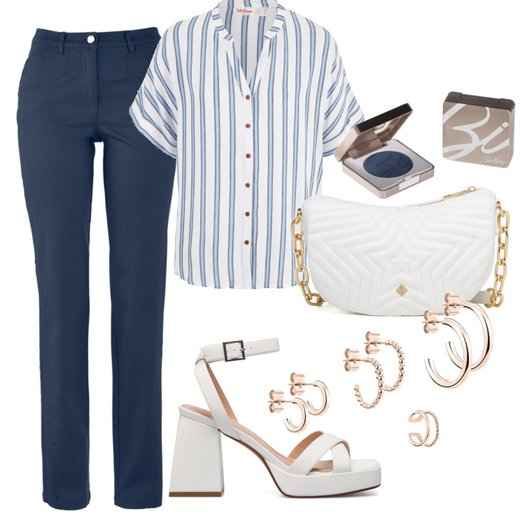 Outfit donna - In ufficio. Stile Casual chic per Ufficio. Abbinamento con camicie, pantaloni, sandali in pelle, borse a tracolla, orecchini, ombretti.