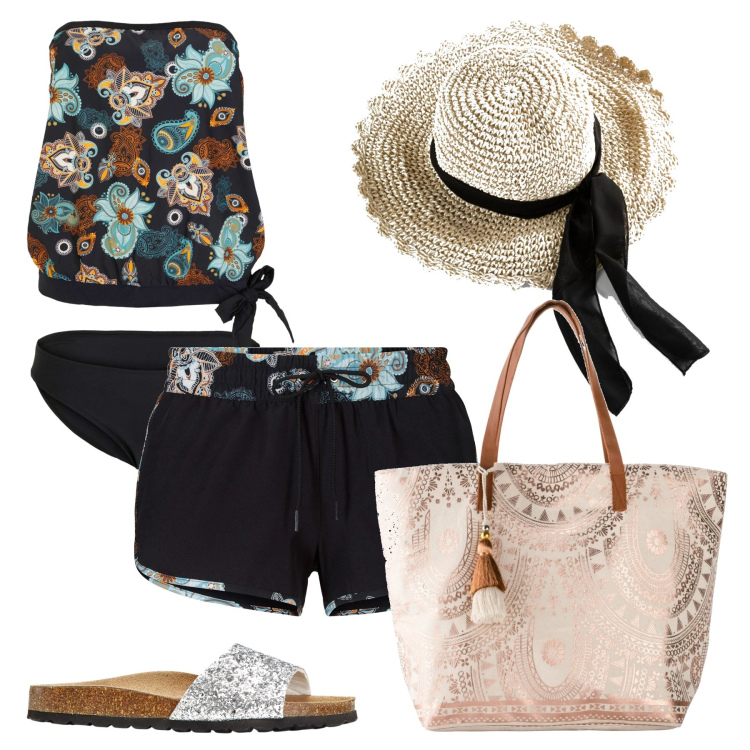 Outfit donna - Prime "prove costume". Stile Etnico per Mare. Abbinamento con pantaloni corti, cappelli, costumi interi, shopping bag, ciabatte.