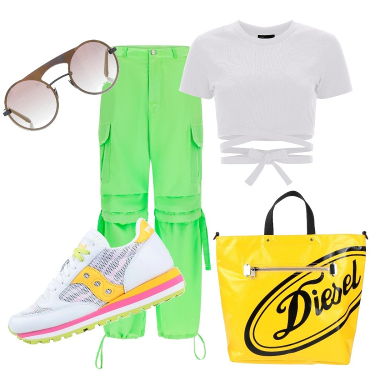 Outfit donna - E che estate sia. Stile Sporty chic per Tutti i giorni. Abbinamento con sneakers, borse a mano, occhiali da sole, pantaloni cargo, top.