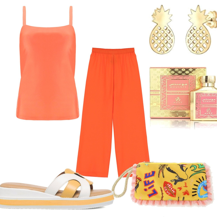 Outfit donna - Colore al pranzo. Stile Glamour per Tutti i giorni. Abbinamento con pantaloni a palazzo, canottiere, pochette, sandali in pelle, orecchini, profumi.