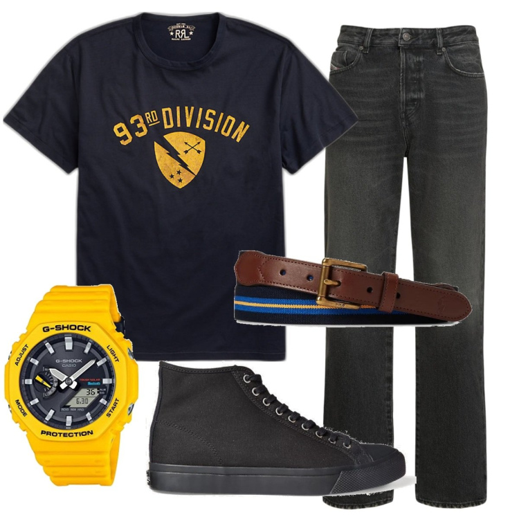 Outfit uomo - Total look #1630293. Stile Casual per Tutti i giorni. Abbinamento con sneakers, cinture, t-shirt, jeans, orologi.