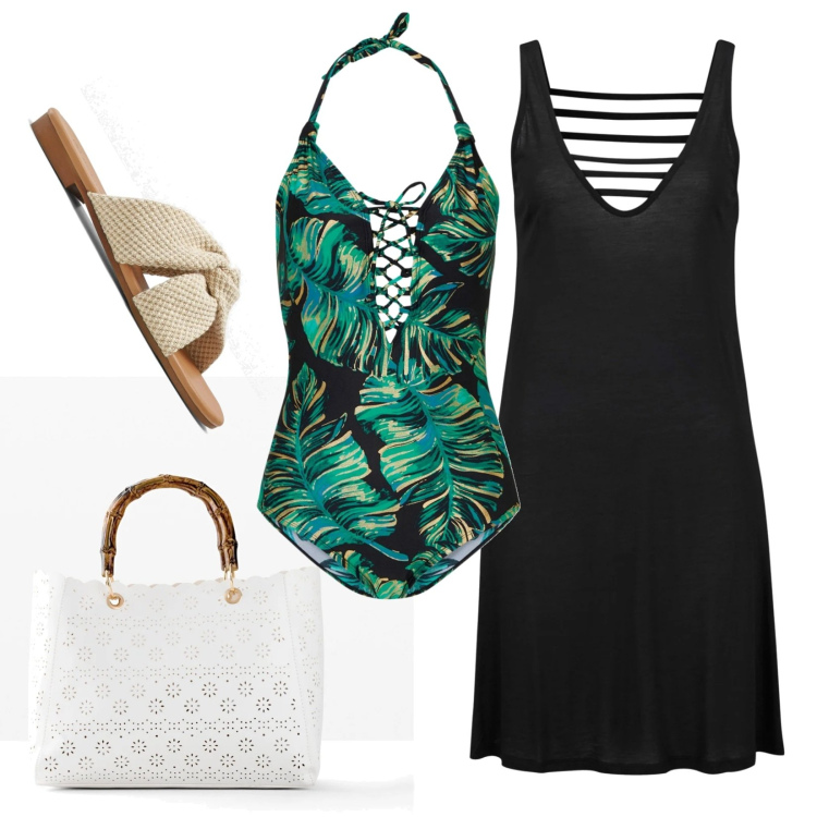 Outfit donna - Il beach look perfetto con Bonprix. Stile Basic per Mare. Abbinamento con vestiti da spiaggia, costumi interi, borse a mano, ciabatte.