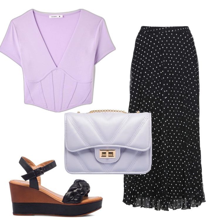 Outfit donna - Total look #1630304. Stile Romantica per Tutti i giorni. Abbinamento con gonne, t-shirt, sandali in pelle, borse a tracolla.