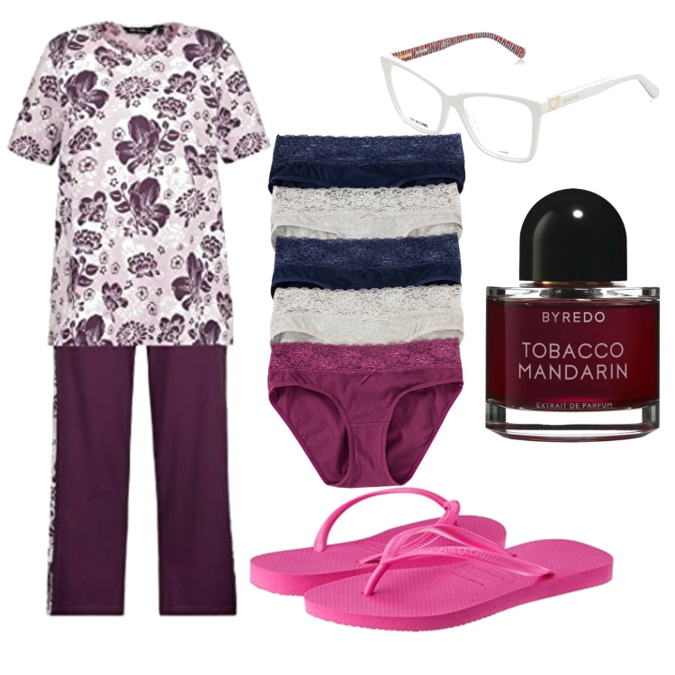 Outfit donna - Dolce notte. Stile Basic per Tutti i giorni. Abbinamento con culotte, pigiama, profumi, slip, occhiali da sole.