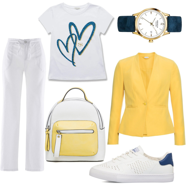 Outfit donna - Università /ufficio. Stile Casual chic per Ufficio. Abbinamento con blazer, pantaloni a palazzo, t-shirt, zaini, sneakers, orologi.