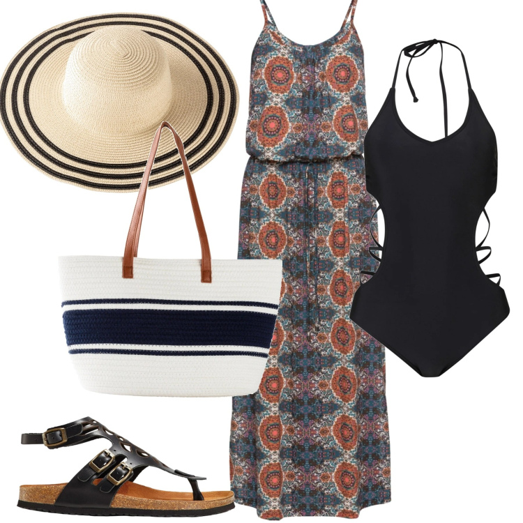 Outfit donna - Bonprix Curvy Style. Stile Boho per Mare. Abbinamento con vestiti lunghi, sandali in pelle, costumi interi, cappelli, shopping bag.