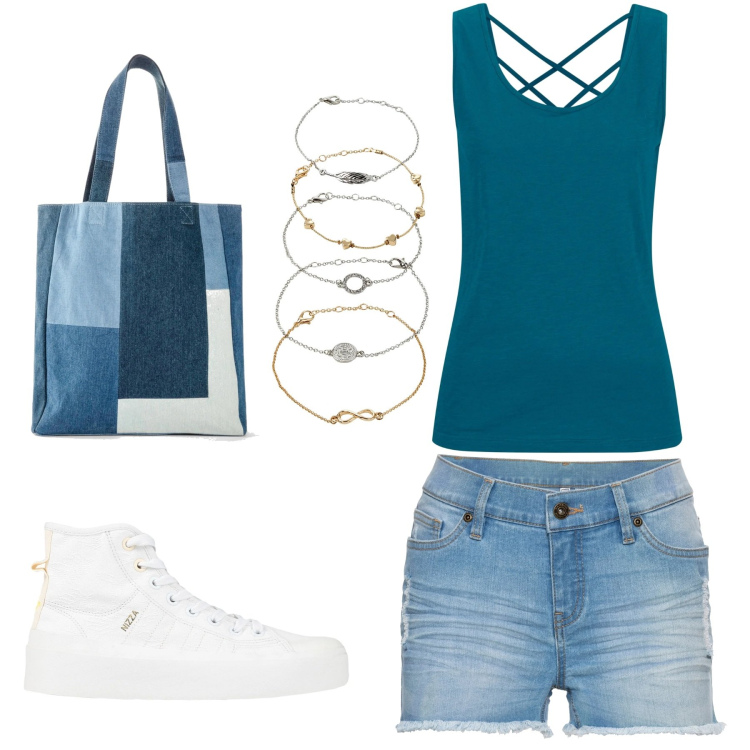 Outfit donna - Total look #1630369. Stile Casual per Tutti i giorni. Abbinamento con top, braccialetti con ciondoli, shopping bag, shorts, sneakers.