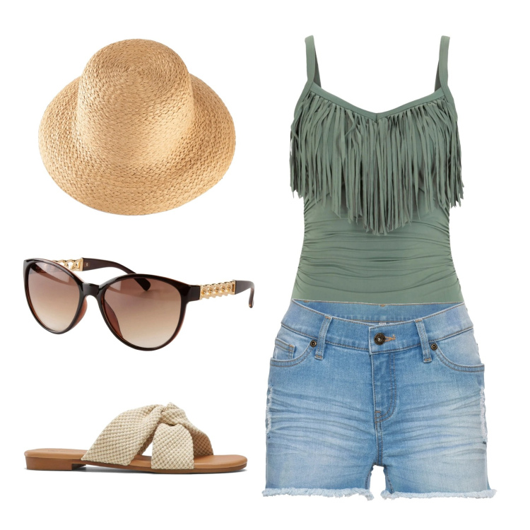 Outfit donna - Beach day. Stile Casual per Mare. Abbinamento con felpe, costumi interi, shorts, ciabatte, occhiali da sole.