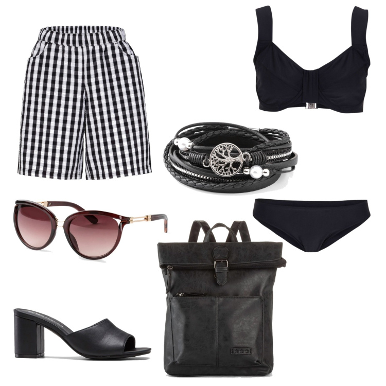 Outfit donna - Dark. Stile Rock per Mare. Abbinamento con zaini, ciabatte, braccialetti, occhiali da sole, bermuda, bikini.