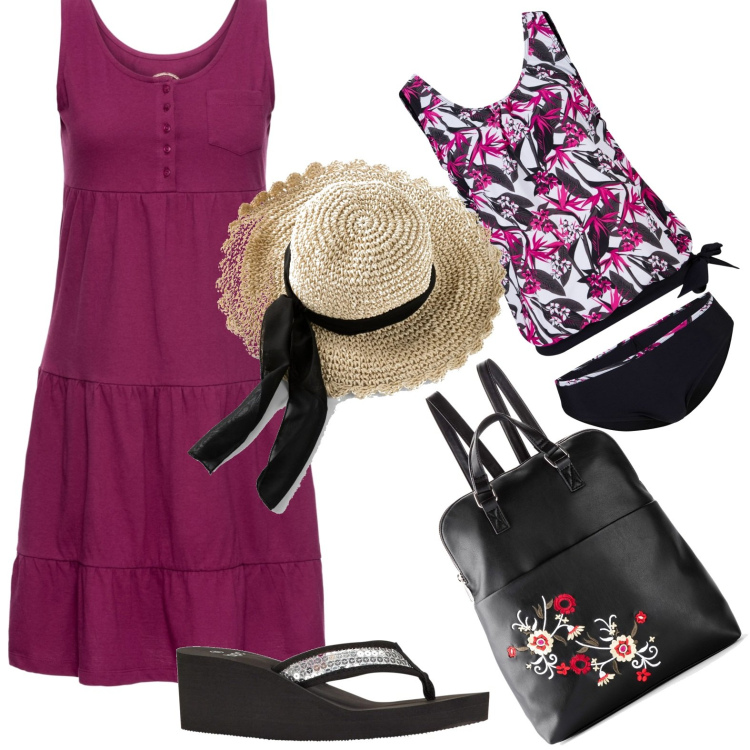 Outfit donna - Alla spiaggia. Stile Minimal per Mare. Abbinamento con vestiti corti, cappelli, costumi interi, infradito, zaini.