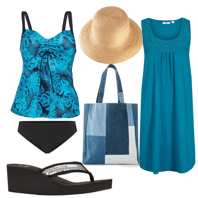 Outfit donna - Mare blu. Stile Casual per Mare. Abbinamento con felpe, vestiti senza maniche, costumi interi, infradito, shopping bag.