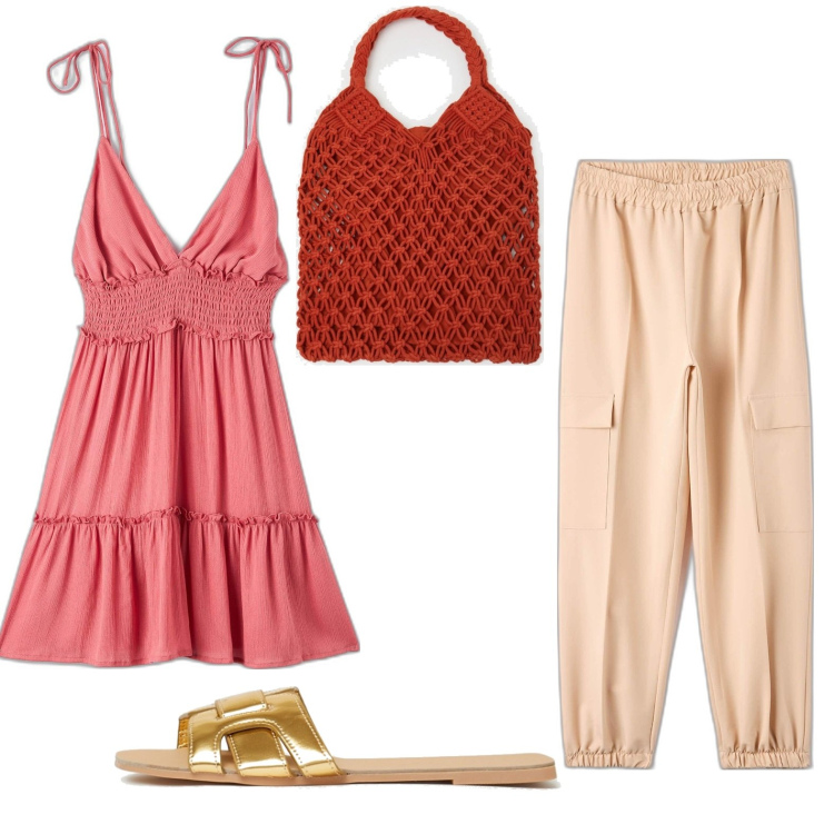 Outfit donna - Total look #1630444. Stile Casual per Tutti i giorni. Abbinamento con vestiti corti, pantaloni cargo, ciabatte, borse a spalla.