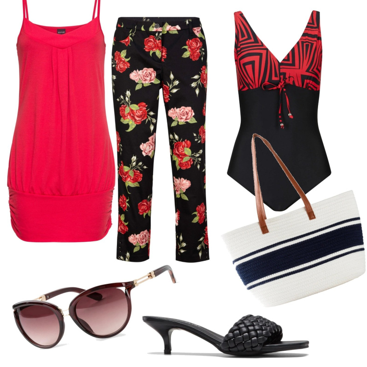 Outfit donna - Total look #1630449. Stile Casual per Mare. Abbinamento con top, costumi interi, occhiali da sole, pantaloni capri, shopping bag, ciabatte.