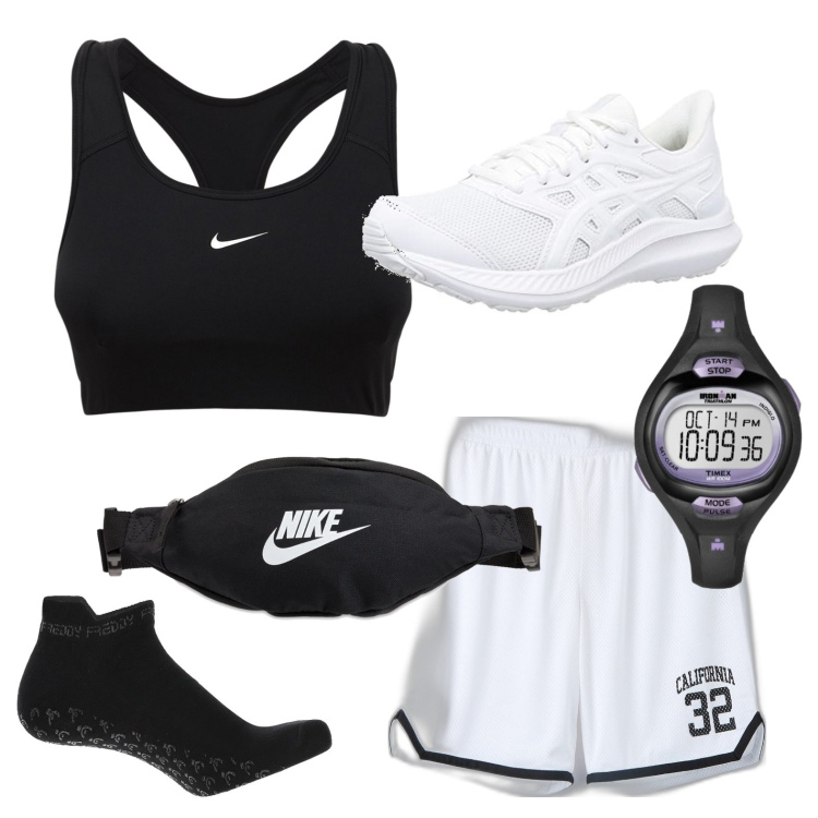 Outfit donna - Corsa mattutina. Stile Sporty chic per Sport. Abbinamento con bermuda, calzini, orologi digitali, top, marsupi, scarpe sportive.