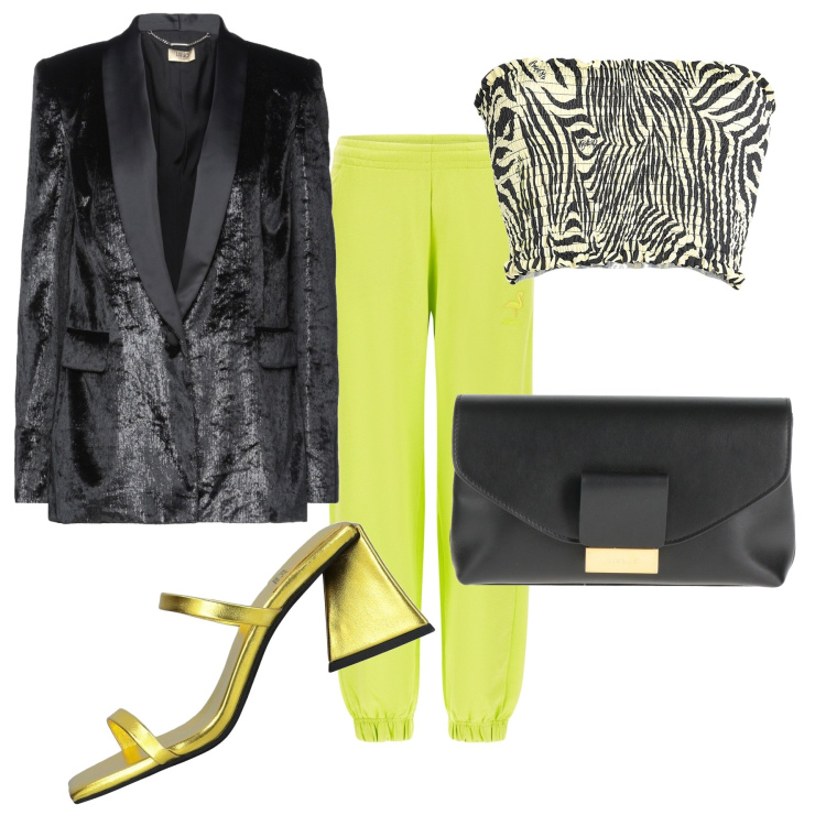 Outfit donna - Fresh green. Stile Chic per Serata fuori. Abbinamento con sandali col tacco, blazer, borse a mano, top, pantaloni.