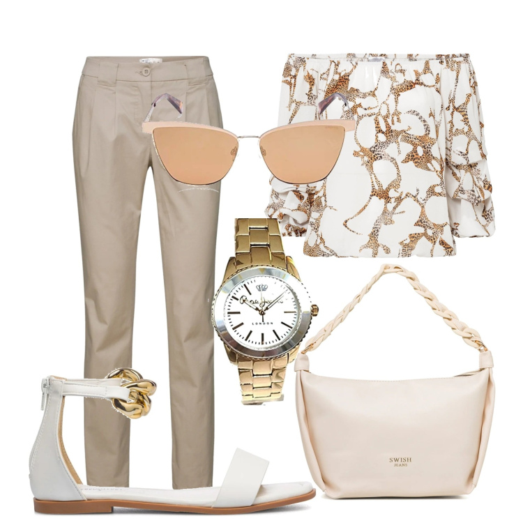 Outfit donna - Total look #1630505. Stile Casual per Tutti i giorni. Abbinamento con pantaloni chino, bluse, sandali in pelle, borse a mano, orologi, occhiali da sole.