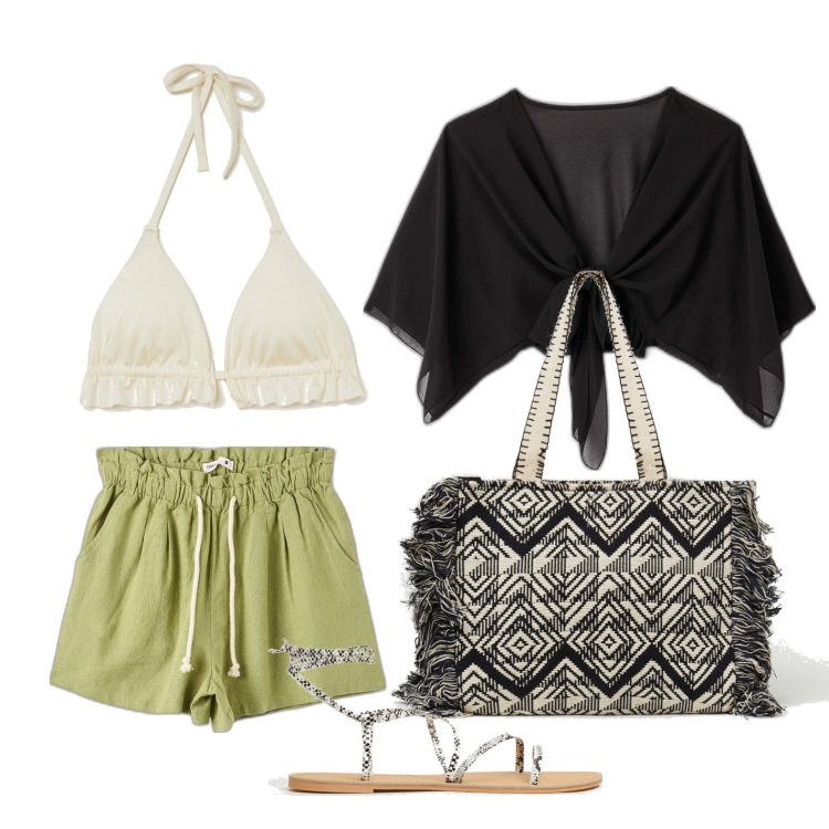 Outfit donna - Ghost outfitter - maggio. Stile Casual per Mare. Abbinamento con shorts, blazer, shopping bag, sandali alla schiava, bikini.