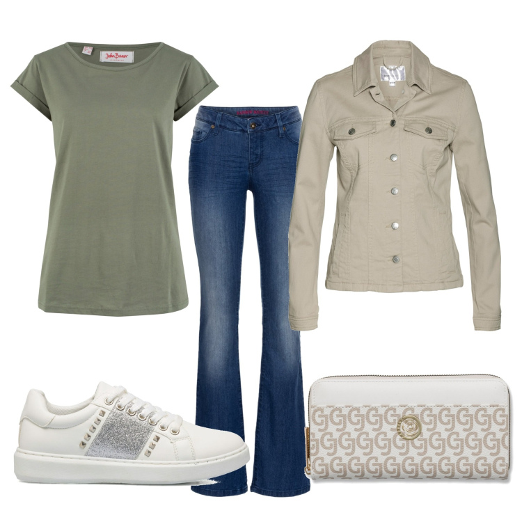 Outfit donna - Total look #1630526. Stile Basic per Tutti i giorni. Abbinamento con jeans bootcut, blazer, maglieria, sneakers, portafogli.