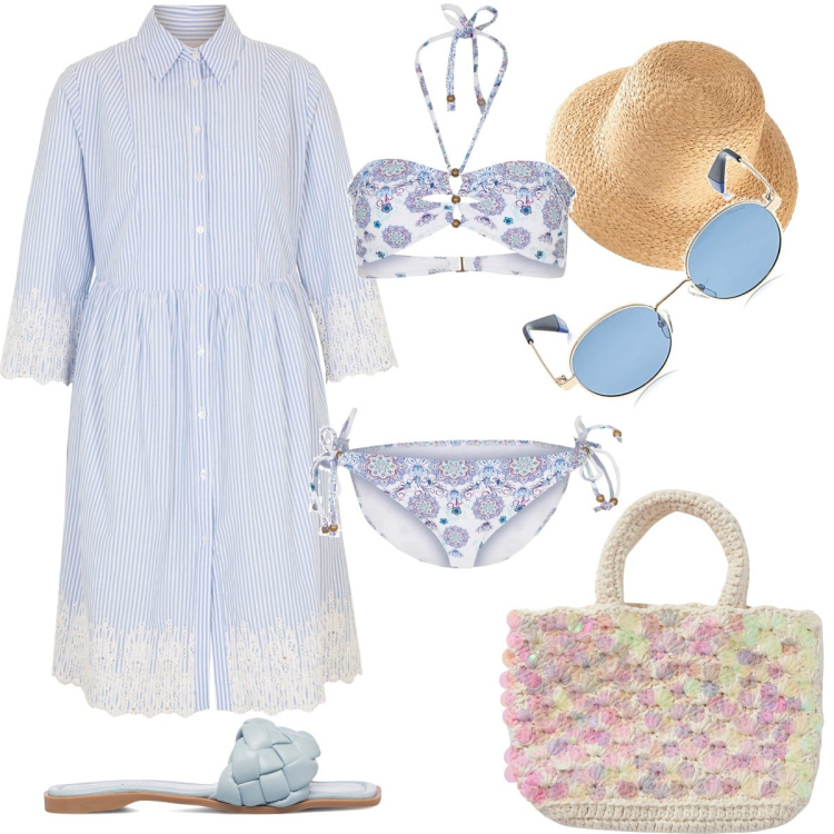 Outfit donna - Celeste. Stile Romantica per Mare. Abbinamento con felpe, vestiti chemisier, bikini, borse a mano, ciabatte, occhiali da sole.