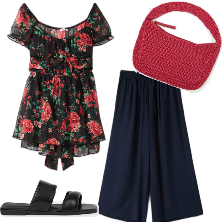 Outfit donna - Total look #1630559. Stile Casual Abbinamento con pantaloni a palazzo, tuta corta, borse a spalla, ciabatte.