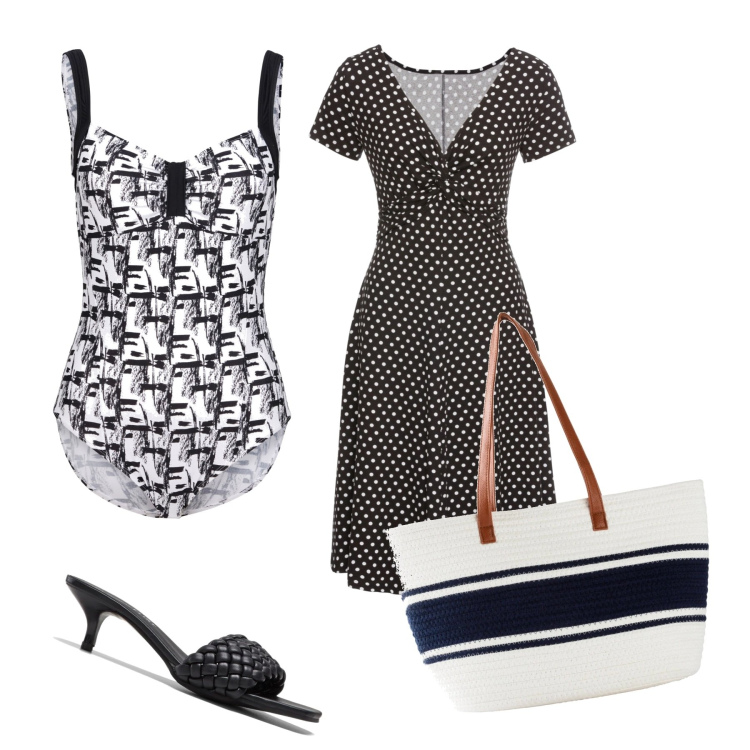 Outfit donna - Oggi al mare!. Stile Casual chic per Mare. Abbinamento con vestiti lunghi, ciabatte, costumi interi, shopping bag.