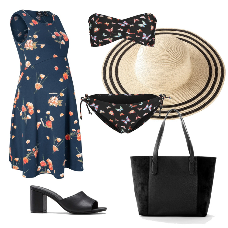 Outfit donna - Al mare con il pancione. Stile Casual chic per Mare. look ideale per Premaman. Abbinamento con bikini, ciabatte, shopping bag, vestiti, cappelli.