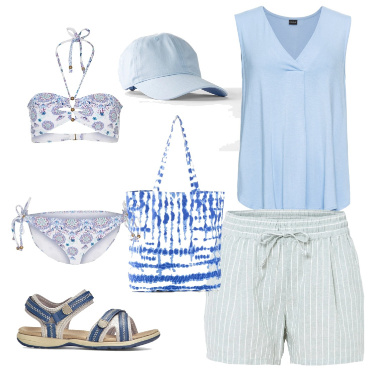 Outfit donna - La sportiva al mare. Stile Sporty chic per Mare. Abbinamento con top, sandali, shorts, bikini, shopping bag, cappelli con visiera.