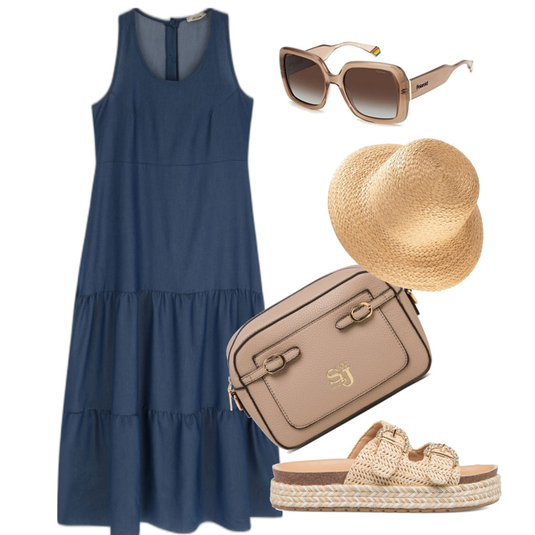 Outfit donna - Blu e beige lungomare. Stile Bon Ton per Tutti i giorni. Abbinamento con felpe, vestiti lunghi, sandali gioiello, borse a tracolla, occhiali da sole.