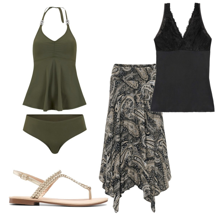 Outfit donna - Tutti al mare. Stile Bon Ton per Mare. Abbinamento con gonne longuette, top, ciabatte, costumi interi.