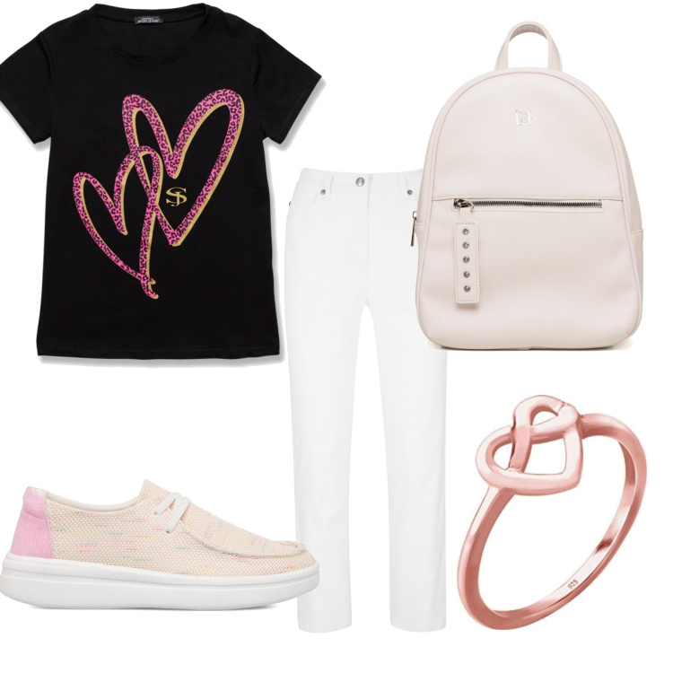 Outfit donna - Il cuore casual. Stile Casual per Tutti i giorni. Abbinamento con pantaloni, scarpe stringate, zaini, t-shirt, anelli.